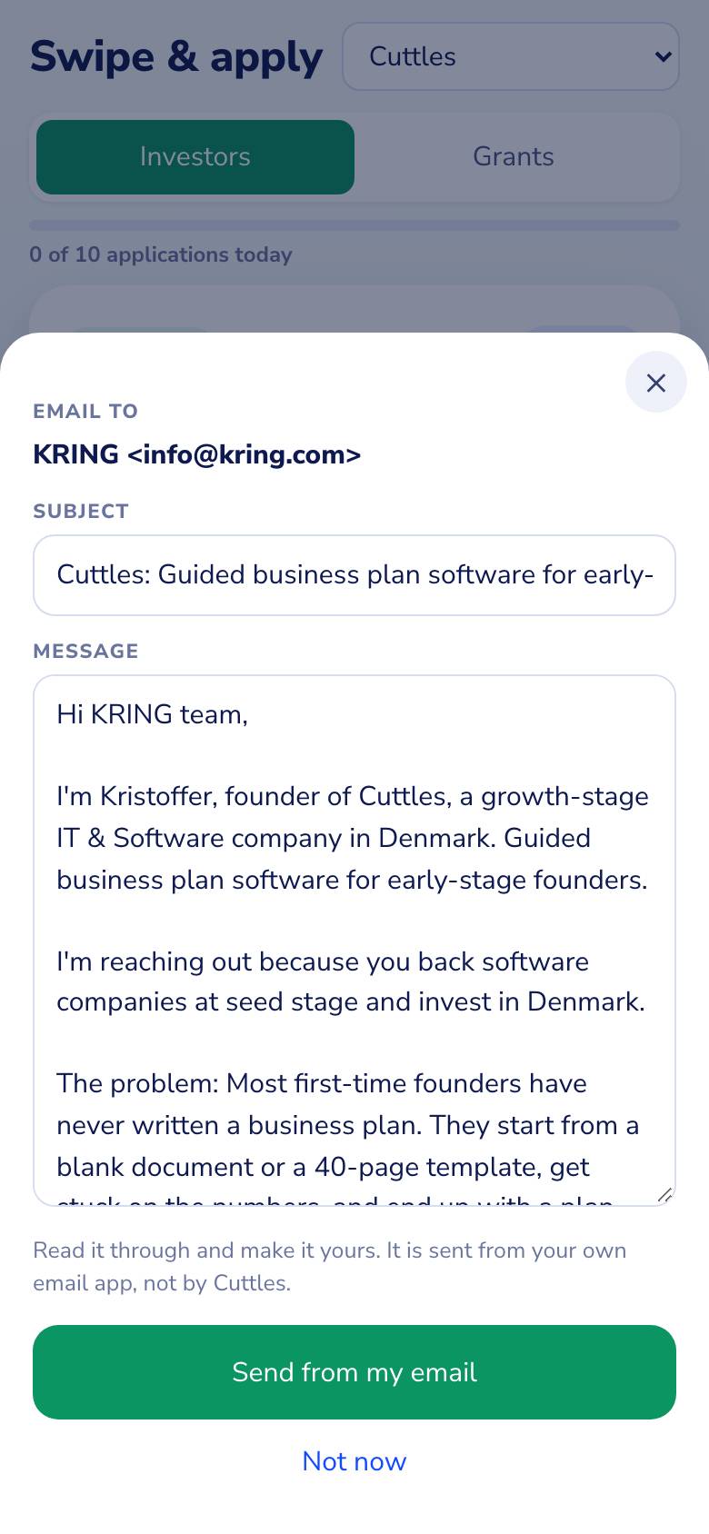 Grant Finder: a draft pitch email to an investor, ready to edit and send