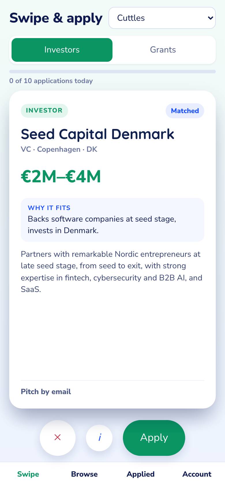 Grant Finder: a matched investor card with amount, focus and why it fits