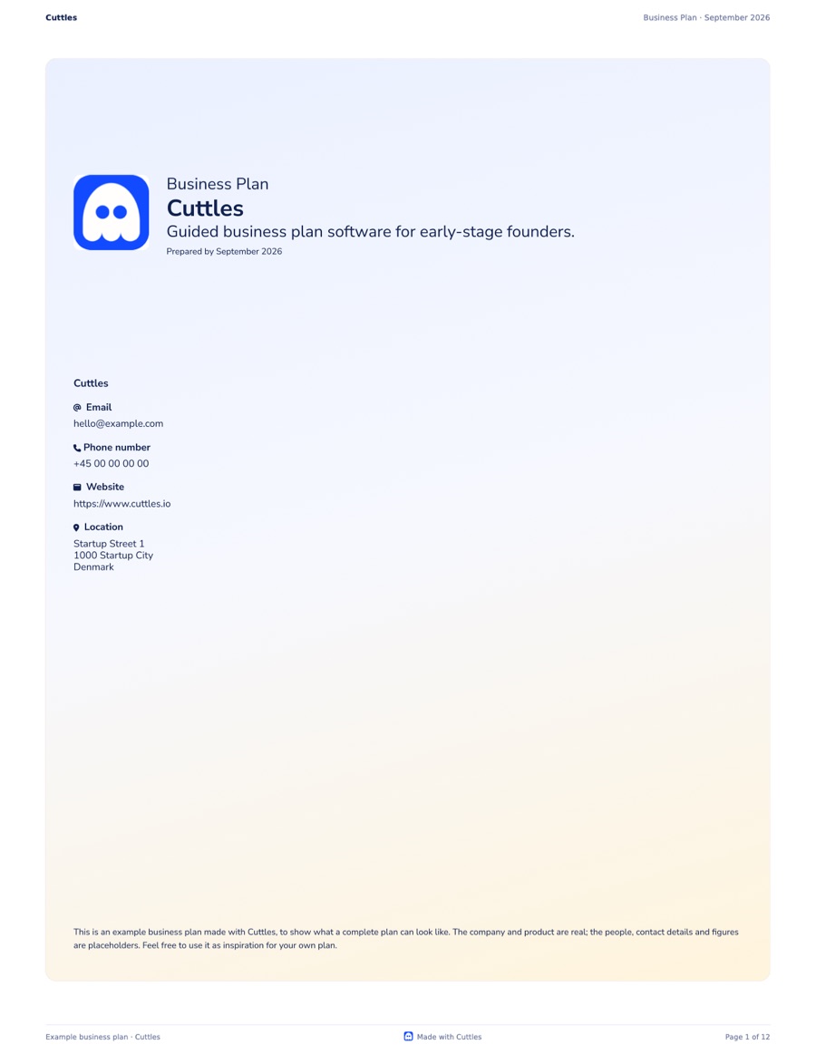 Cover page of the example business plan PDF